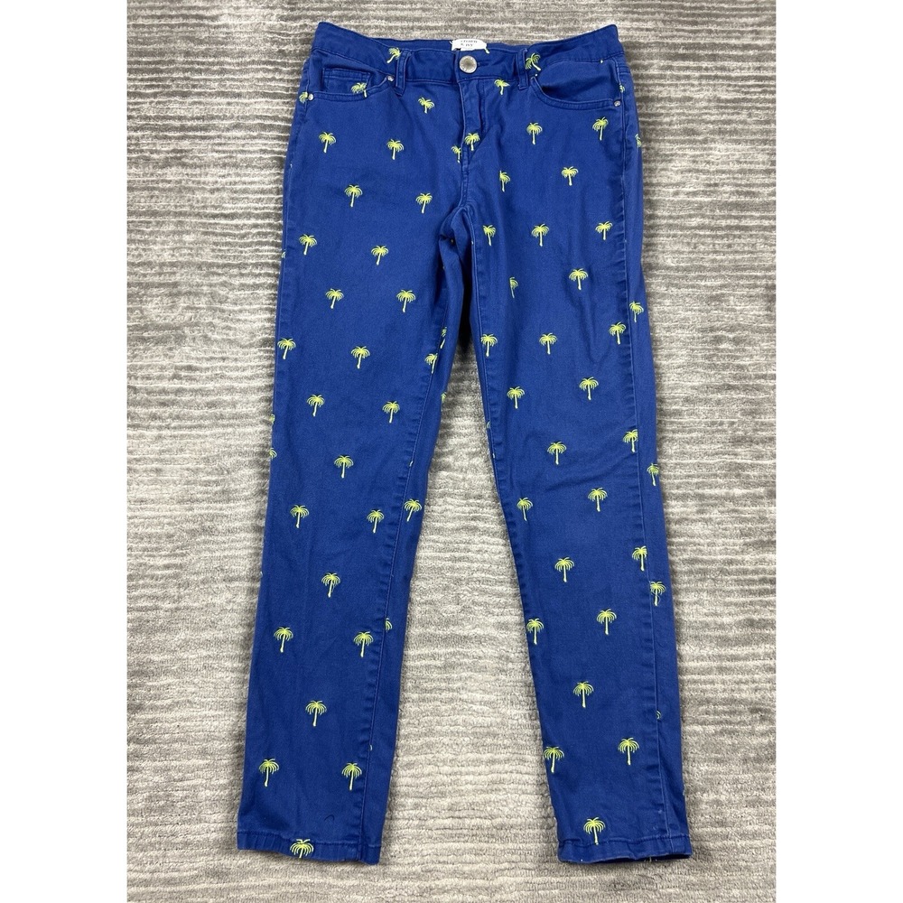Crown & Ivy Pants Womens 4 Blue Palm Tree Embroidered Cotton Blend Casual